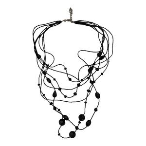 Layered Seven Strand Multi-Shaped Multi-Sized Beaded Necklace Women's Black